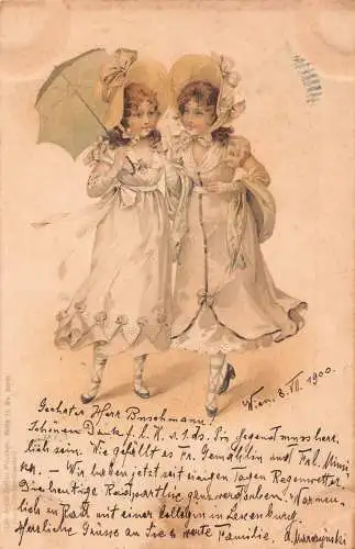 A860 Glamour 1900 Zwei elegante Mädchen mit Haube Regenschirm Kunst Postkarte