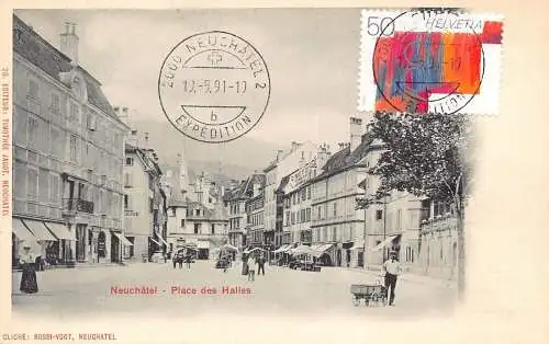 L296 Schweiz Neuenburg Place des Halles Markey C Meys Geschäfte Postkarte