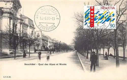 L296 Schweiz Neuenburg Quai des Alpes et Musee Fahrräder Postkarte
