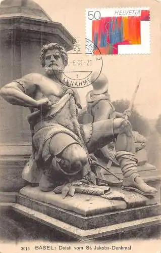 L296 Schweiz Basel Skulptur aus St Jakobs Denkmal Vintage Postkarte