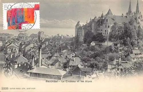 L296 Schweiz Neuenburg Schloss und Alpen Berg Postkarte