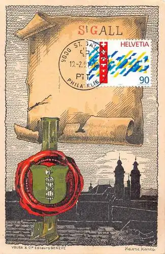 L296 Schweiz St. Gallen Wappen auf Siegel Pergament Vintage Postkarte