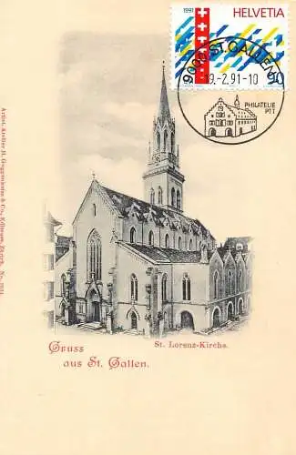 L296 Schweiz Gruss aus St. Gallen St. Lorenz Kirche Vintage Postkarte