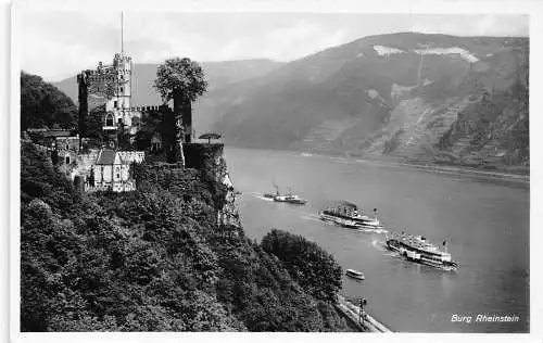 L306 Deutschland Burg Rheinstein Zitadelle Dampfschiffe Fluss RPPC Vintage Postkarte