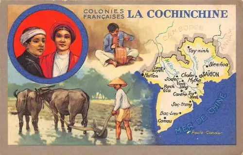 A865 Vietnam Cochinchina Französische Kolonie Ethnische Kinder Ochsenpflug Karte Postkarte