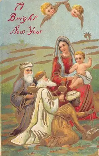 A052 Neujahr Religiöse Szene Die drei Sterndeuter Jesus Cherubs geprägte Postkarte