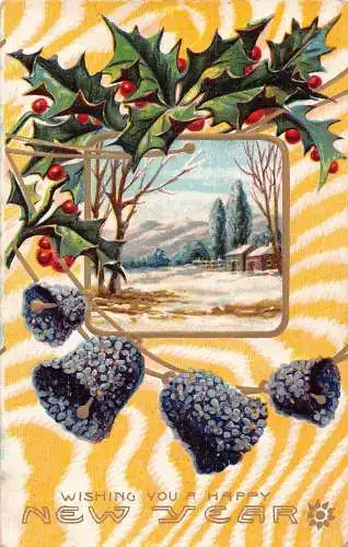 A052 Neujahr Winterlandschaft Allegorische Glocke Vergissmeinnicht Mistel Postkarte
