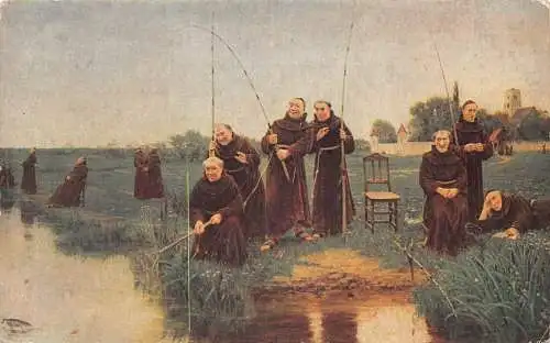 A051 Franziskanermönche Angeln Gemälde signiert von W. Dendy Sadler Postkarte