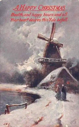 A048 Weihnachten 1912 Winter Gemälde Landschaft Windmühle Mondlicht Postkarte
