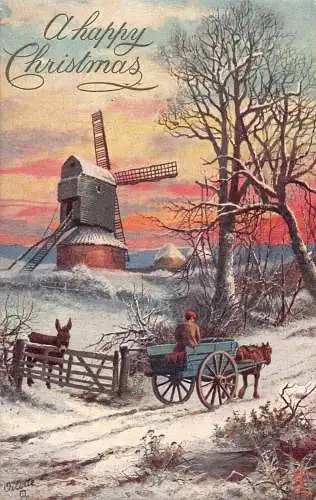 A048 Weihnachten 1908 Windmühle Pferdewagen Esel Winter Landschaft bemalen Postkarte