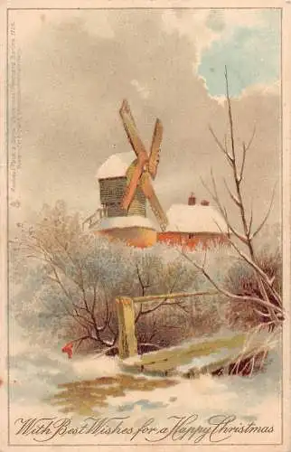A048 Weihnachten Winter Landschaft Windmühle Holz Brücke Bäume Litho Postkarte