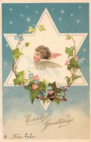 A049 Ostergrüße Sterne Cherub Efeu Blätter Zweig Blumen Litho Postkarte