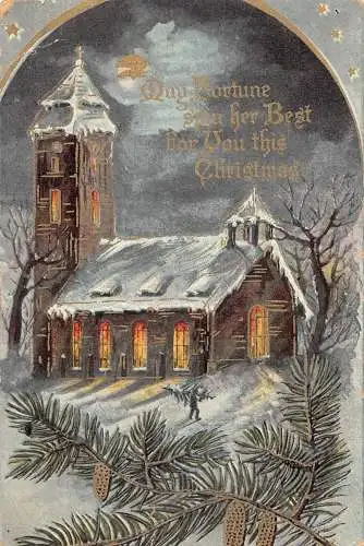A048 Weihnachtsgrüße 1915 Kirche Mann kümmert sich Kiefer Mondschein Postkarte