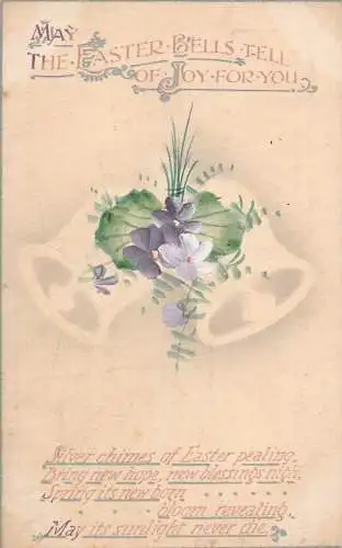 A049 Ostergrüße Glockenpaar handbemalt lila Stiefmütterchen Blätter Postkarte