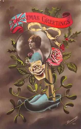 A048 Weihnachtsgrüße Mistelschuhe Rosen Blumen Bänder Frau Postkarte