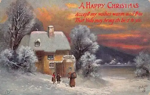 A047 Weihnachtsgrüße Winterherrschaft Gemälde Familie Schneehütte Postkarte