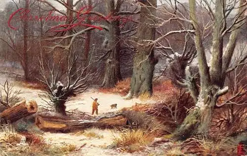 A047 Weihnachtsgrüße 1923 Wald nackte Bäume im Schneemann Hundespaziergang Postkarte