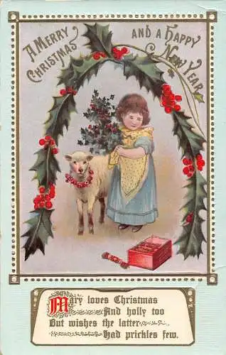 A048 Weihnachtsgrüße Mistelbogen Mädchen Lamm Süßigkeiten in Box Gedicht Postkarte