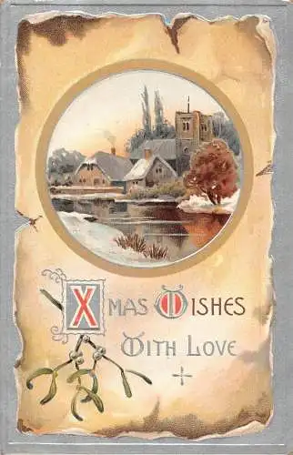 A048 Weihnachtsgrüße Mistel Dorf Landschaft Schnee Fluss Bäume Postkarte
