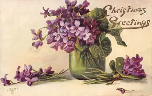 A047 Weihnachtsgrüße Süße Veilchen in Vase Gemälde Vintage Postkarte