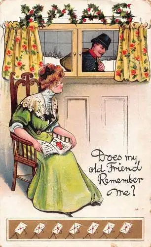 A048 Weihnachten 1908 Mistelzweig Frau liest Soldat Fenster Alte Freundin Postkarte