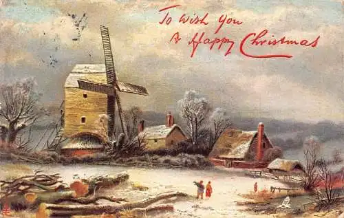 A047 Weihnachtsgrüße 1905 Windmühle Hütten Menschen pflegen Holz Postkarte
