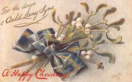 A047 Weihnachtsgrüße Mistelzweig Blumenstrauß Band Vintage Postkarte