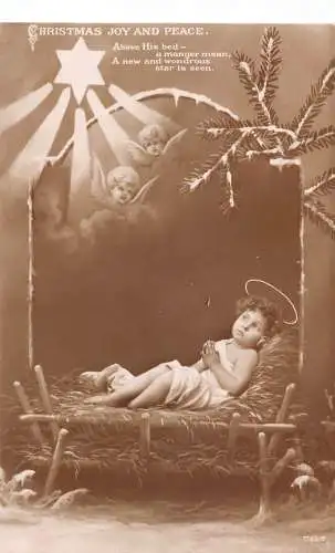 A048 Weihnachtsgrüße Heukrippe Kind Engel Stern Cherub Fotomontage Postkarte