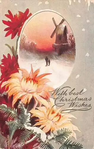 A048 Weihnachtsgrüße Chrysanthemen Blumen Windmühle Schneelandschaft Postkarte