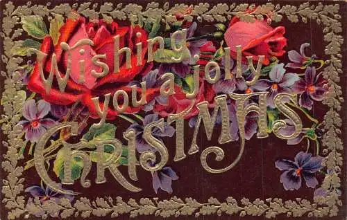 A047 Fröhliche Weihnachtsgrüße Rosen Stiefmütterchen Gold geprägt Postkarte