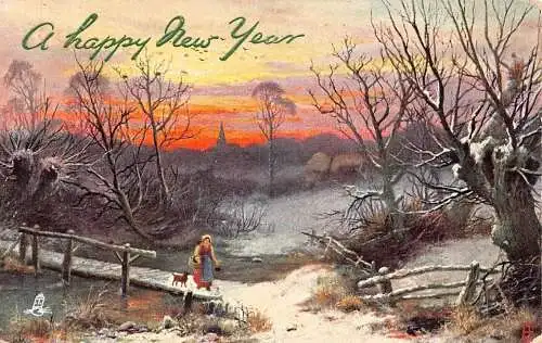 A047 Neujahrsgrüße 1906 Landschaft Sonnenuntergang Wald Brücke Frau Hund Postkarte