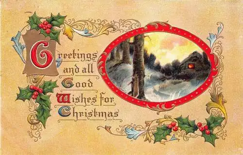 A047 Weihnachtsgrüße 1912 Mistelhütte Bäume Schnee Prägepostkarte