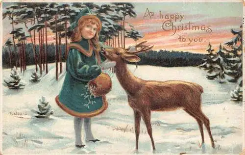 A047 Weihnachtsgrüße Mädchen Schnee Wald Streicheln Hirsch Muff Vintage Postkarte