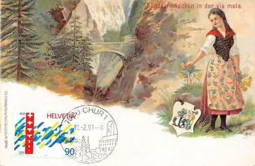 L301 Schweiz Buendnermaedchen in Via Mala Mädchen Blumen Mantel Litho Postkarte