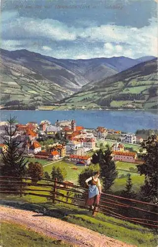 A237 Österreich Zell am See mit Hundstein Salzburg Frau Vintage Postkarte