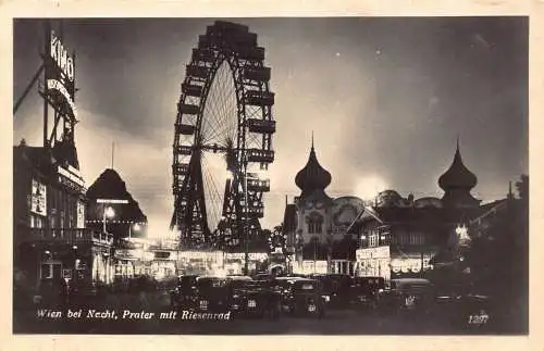 A238 Österreich Wien bei Nacht Prater Riesenrad Riesenrad Autos RPPC Postkarte