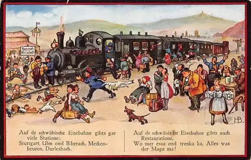 A243 Deutschland Auf de Schwäbische Eisebahne Werbung Bahnlinie Comic Postkarte