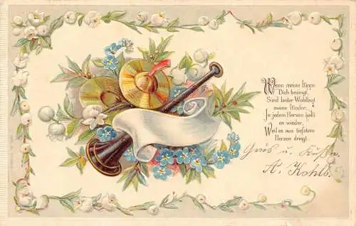 Gruß 1905 Trompete Maiglöckchen Vergissmeinnicht geprägte Postkarte