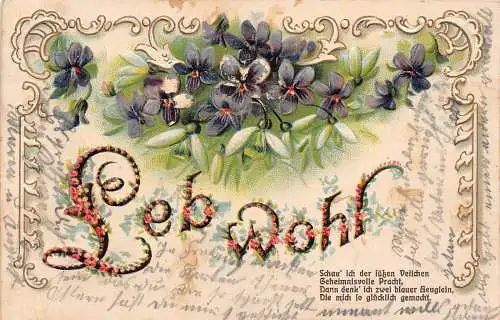 Abschiedsgrüße 1911 Schneeglöckchen Veilchen Blumen Gedicht Prägepostkarte