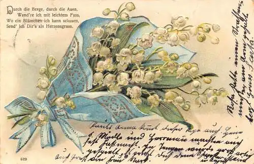 Gruß 1911 Maiglöckchen Blumenstrauß Goldene Details Gedicht Prägepostkarte