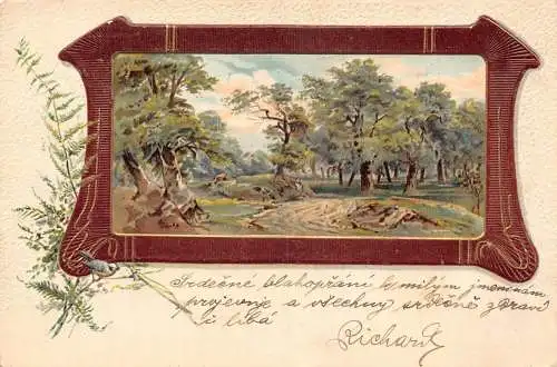Frühlingsgrüße 1903 Passepartout Wald Landschaft Vogel Prägepostkarte