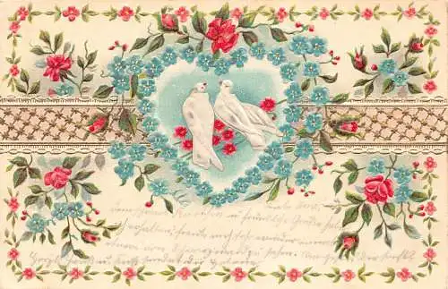 Liebesromantik 1902 Taubenpaar Vergissmeinnicht Herz Rosen geprägt Vintage Postkarte