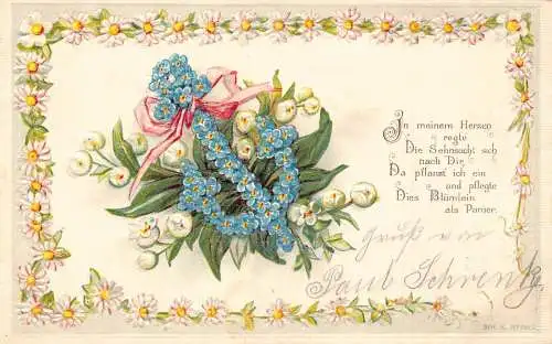 Liebesromantik 1904 Anker Vergissmeinnicht Gänseblümchen Maiglöckchen geprägte Postkarte