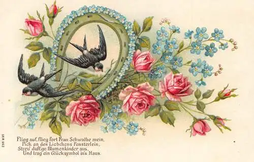 Glücksgrüße Hufeisen Vergissmeinnicht Rosen Schwalbe Vogel Gedicht Prägepostkarte