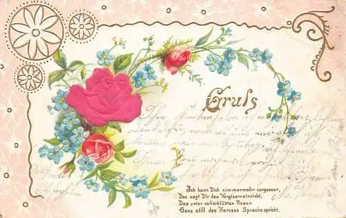 Grüße Liebe Romantik 1903 Rosen Vergissmeinnicht Blumen Gedicht Prägepostkarte