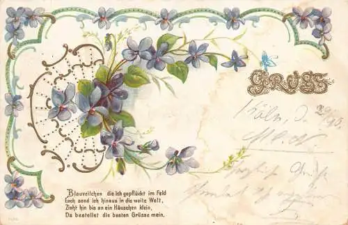 Gruss Grüße Freundschaft 1901 Veilchen Blumen Blätter Prägepostkarte