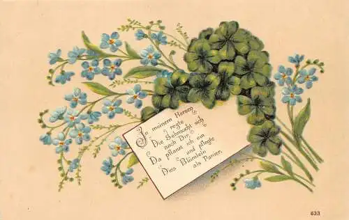 Frühling Willkommen Gedicht Kleeblätter Vergissmeinnicht Blumen geprägte Postkarte