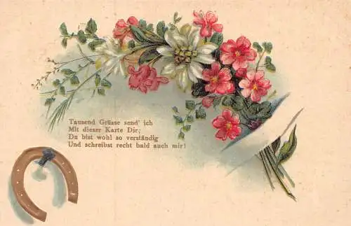 Grüße Hufeisen Edelweiß rosa Blumen Gedicht geprägte Postkarte