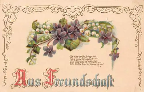 Freundschaftsgrüße Veilchen Maiglöckchen Gedicht Prägepostkarte