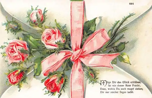Viel Glück Grüße Rosen Blumenstrauß Band Brief Gedicht geprägt Postkarte